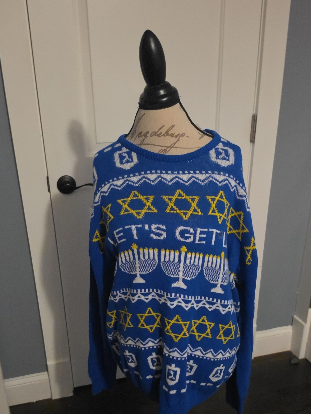 New Lets Get Lit Blue Holiday Crewneck Sweater with Yellow Stars